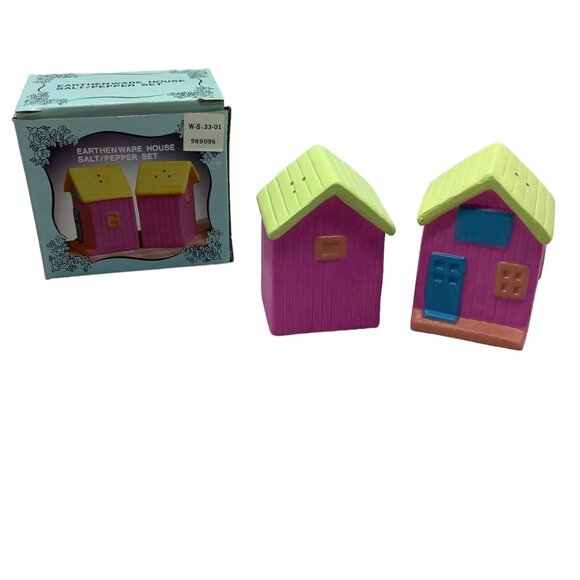 Vtg Earthenware House Salt Pepper Shakers Neon Bright Colors Unused In Box 1988 - Picture 1 of 10